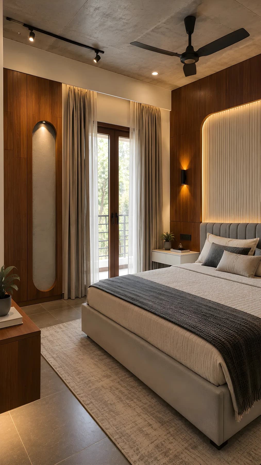 Master bedroom interior design with walnut wall panelling, an upholstered headboard framed in cove lighting, and a balcony behind sheer curtains