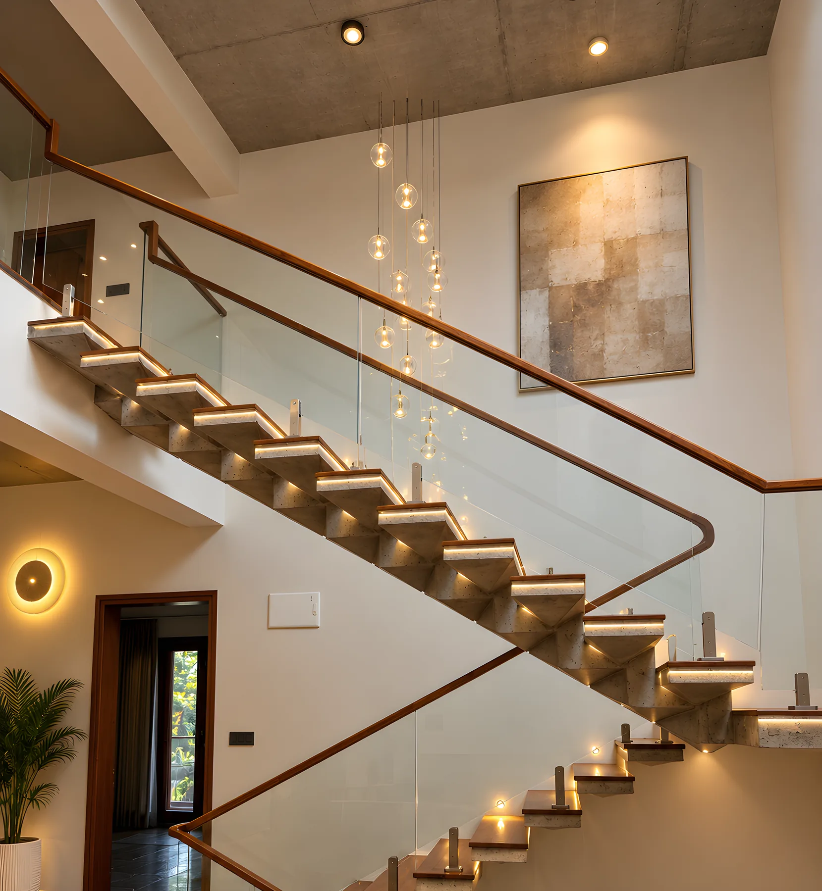 Cantilevered staircase with glass balustrade, timber handrail, recessed step lighting and a cluster pendant light